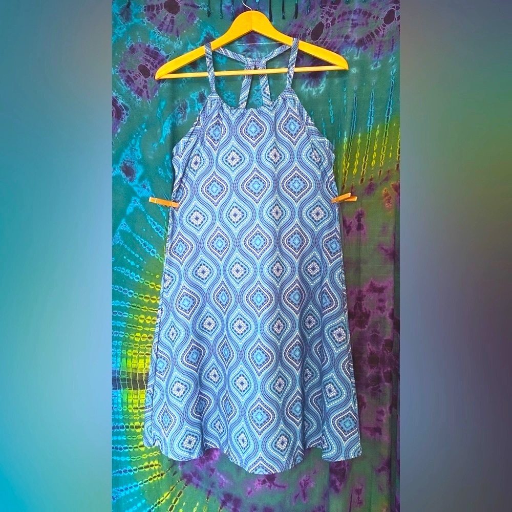 Balance Outdoor Collection- Blue- Teal Geometric Halter Dress. Size- Large